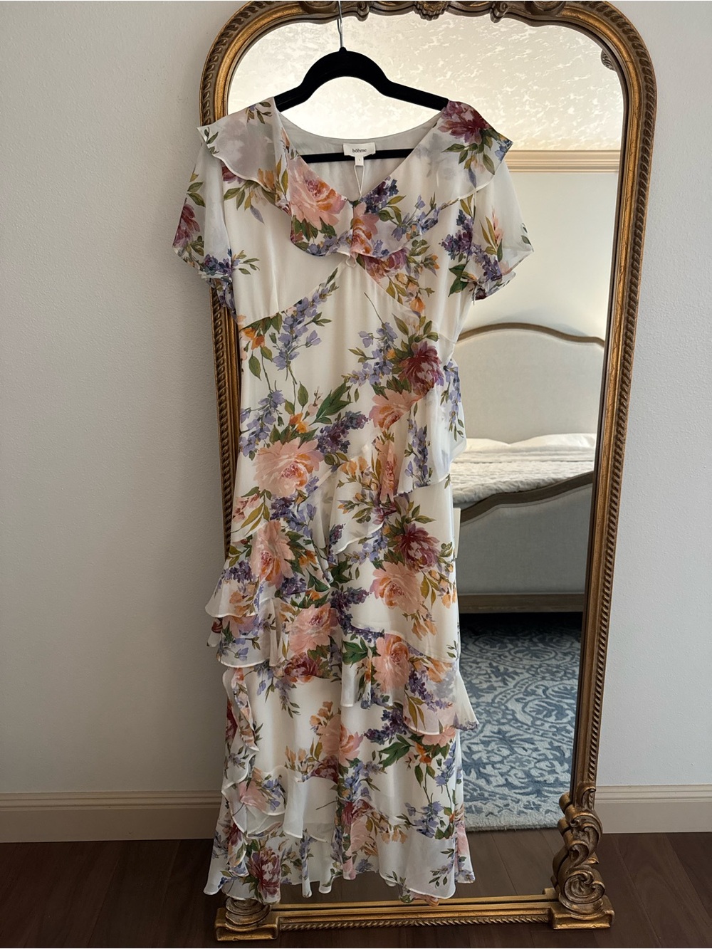 Brand New Böhme Floral Ruffle Midi Dress - White with Pink & Purple Blooms